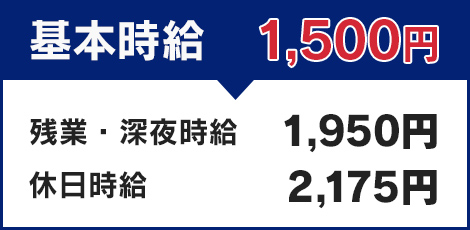 基本時給1,500円　残業深夜時給1,950円　休日時給2,175円