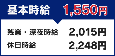 基本時給1,550円　残業深夜時給2,015円　休日時給2,248円